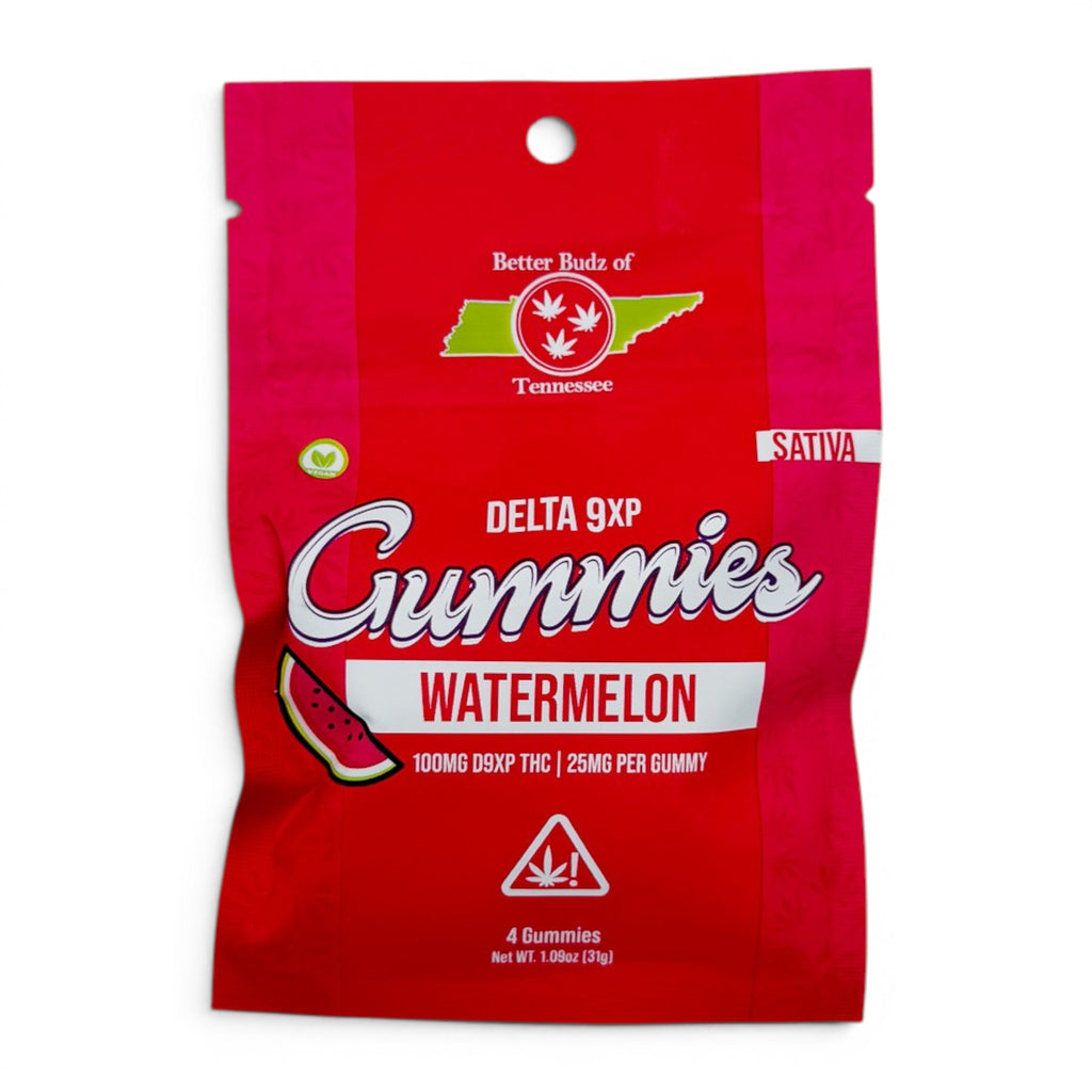 Dr. Wonderstone Better Budz Delta-9 THC watermelon gummies in a red 4-pack pouch with live resin terpenes.