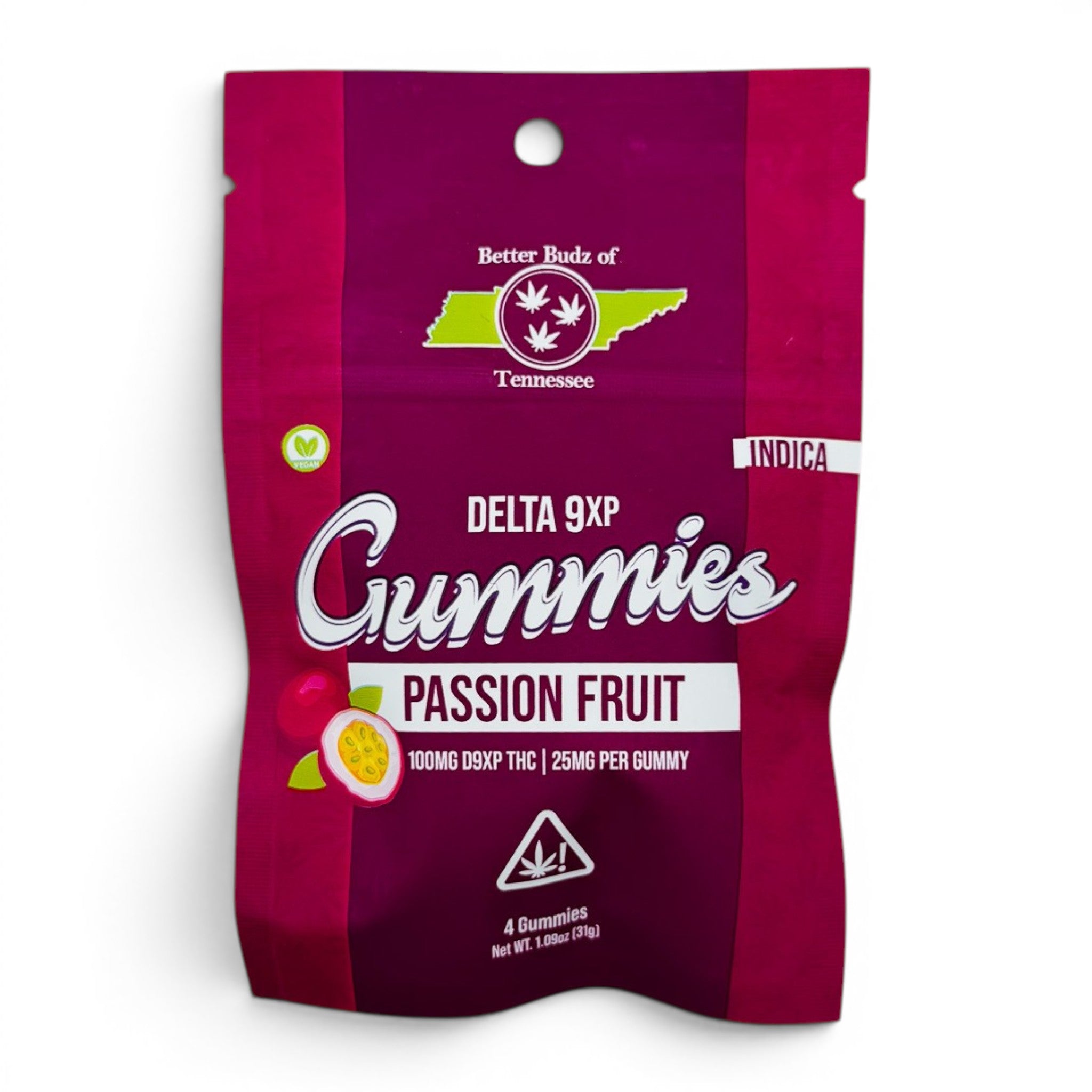 Dr. Wonderstone Better Budz passion fruit Delta-9 THC gummies in a 4-pack pouch with Indica branding.