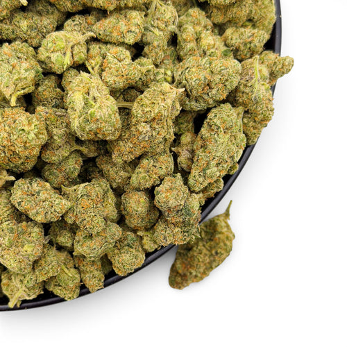 Dr. Wonderstone Elektra Ice THCa flower buds with dense green texture and orange pistils in a black bowl.