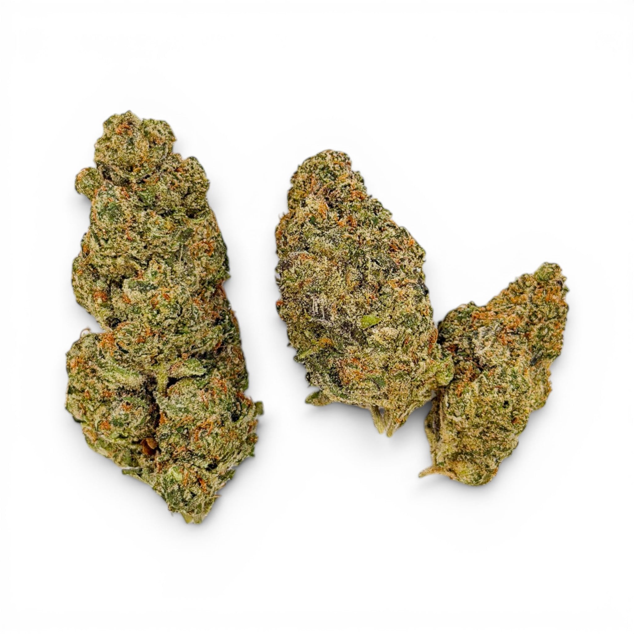Dr. Wonderstone Elektra Ice THCa flower buds with frosty green leaves and orange pistils on a white background.