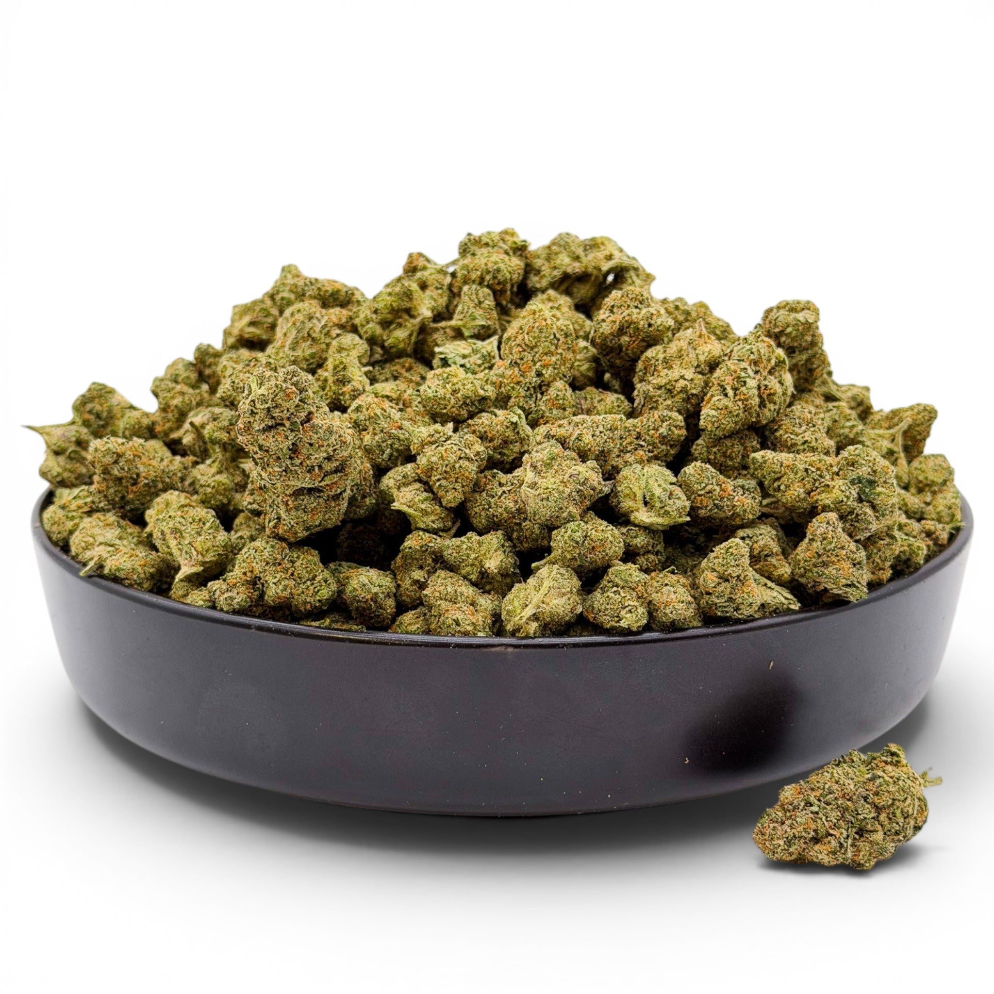 Dr. Wonderstone Elektra Ice THCa flower buds piled in a black bowl against a clean white background.