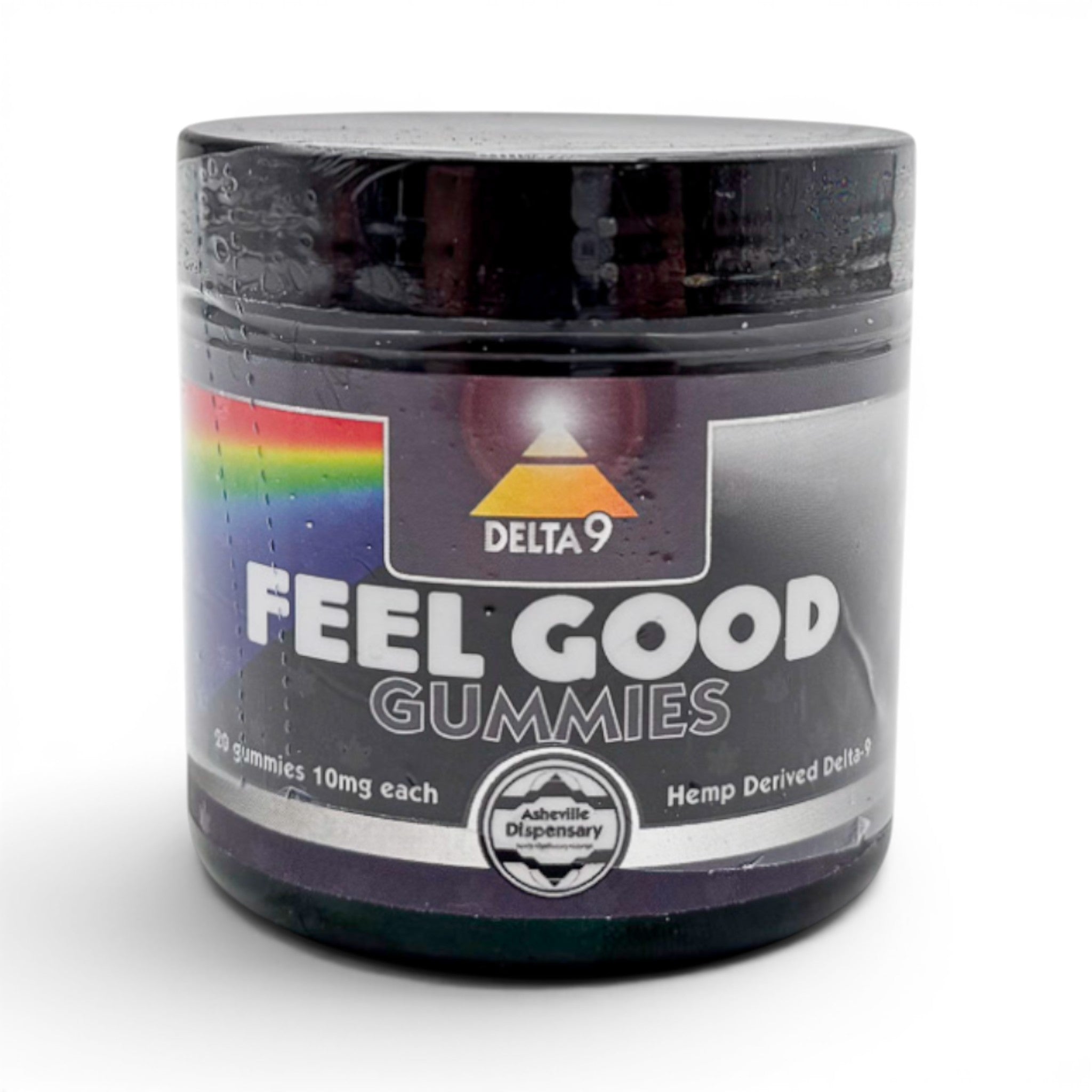 Dr. Wonderstone Feel Good D9 Gummies jar with rainbow prism graphic and 10mg hemp-derived delta-9 label