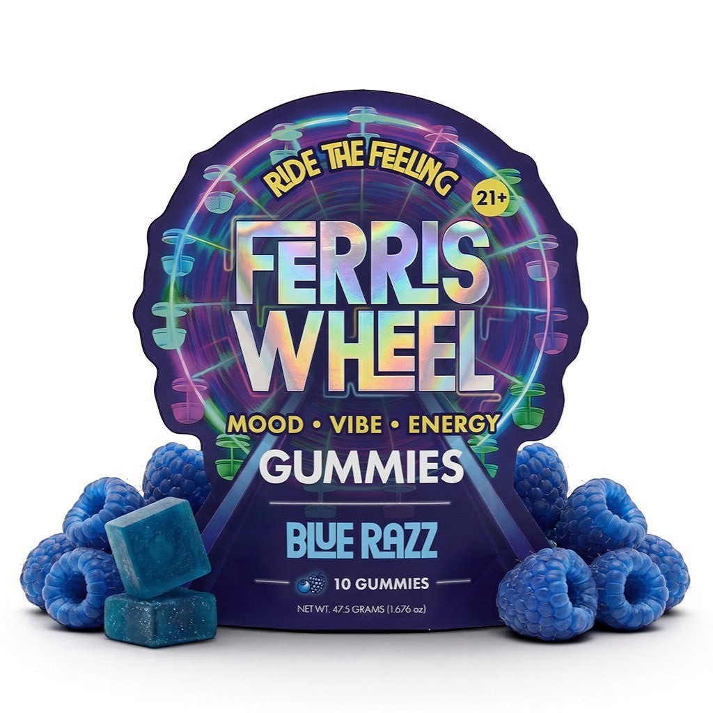 Dr. Wonderstone Ferris Wheel blue raspberry mood gummies with kanna extract in a 10 count pouch