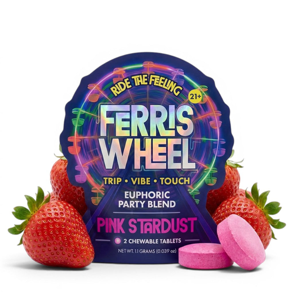 Dr. Wonderstone Ferris Wheel pink lemonade chewable tablets in a 2ct pouch with fresh strawberries.