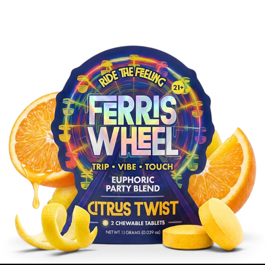 Dr. Wonderstone Ferris Wheel citrus twist chewable tablets in a 2ct pouch with orange slices and lemon peels