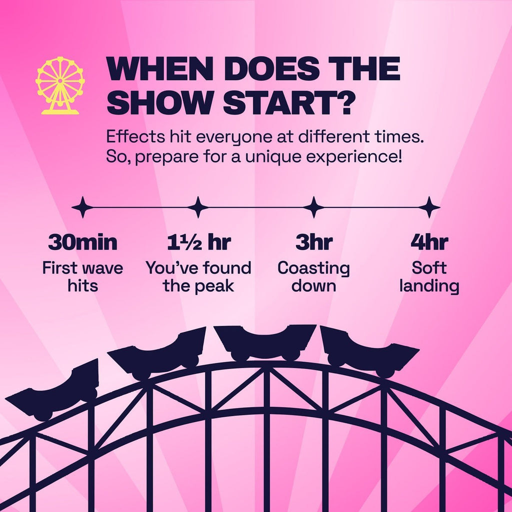 Dr. Wonderstone Ferris Wheel chewable tablet effects timeline infographic on a pink background with roller coaster art