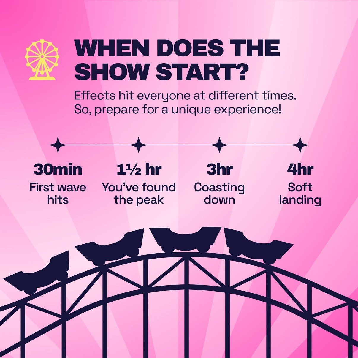 Dr. Wonderstone Ferris Wheel chewable tablet effects timeline infographic on a pink background with roller coaster art