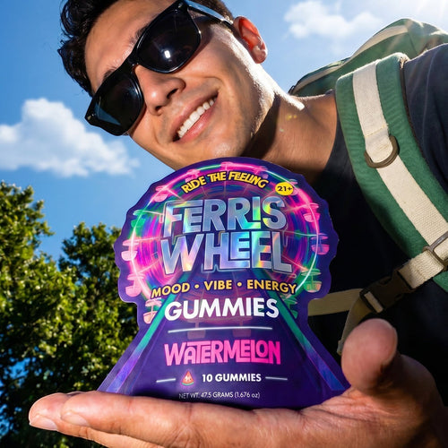 Dr. Wonderstone Ferris Wheel mood gummies in a purple watermelon-flavored pouch held by a smiling man outdoors.