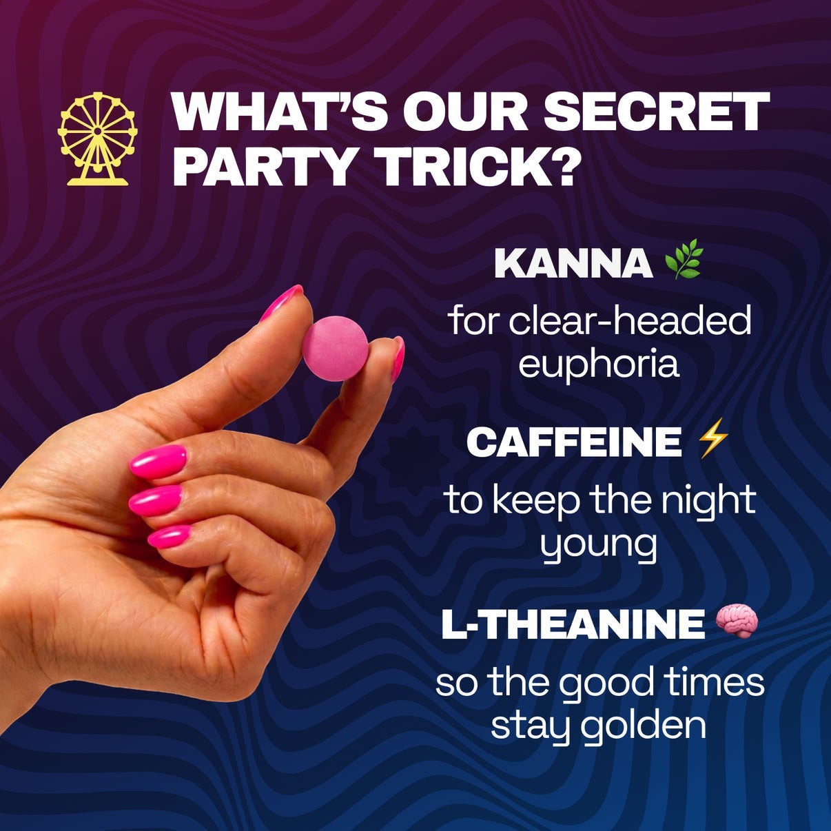 Dr. Wonderstone Ferris Wheel pink chewable tablet held by hand against a purple wavy background with party benefits text