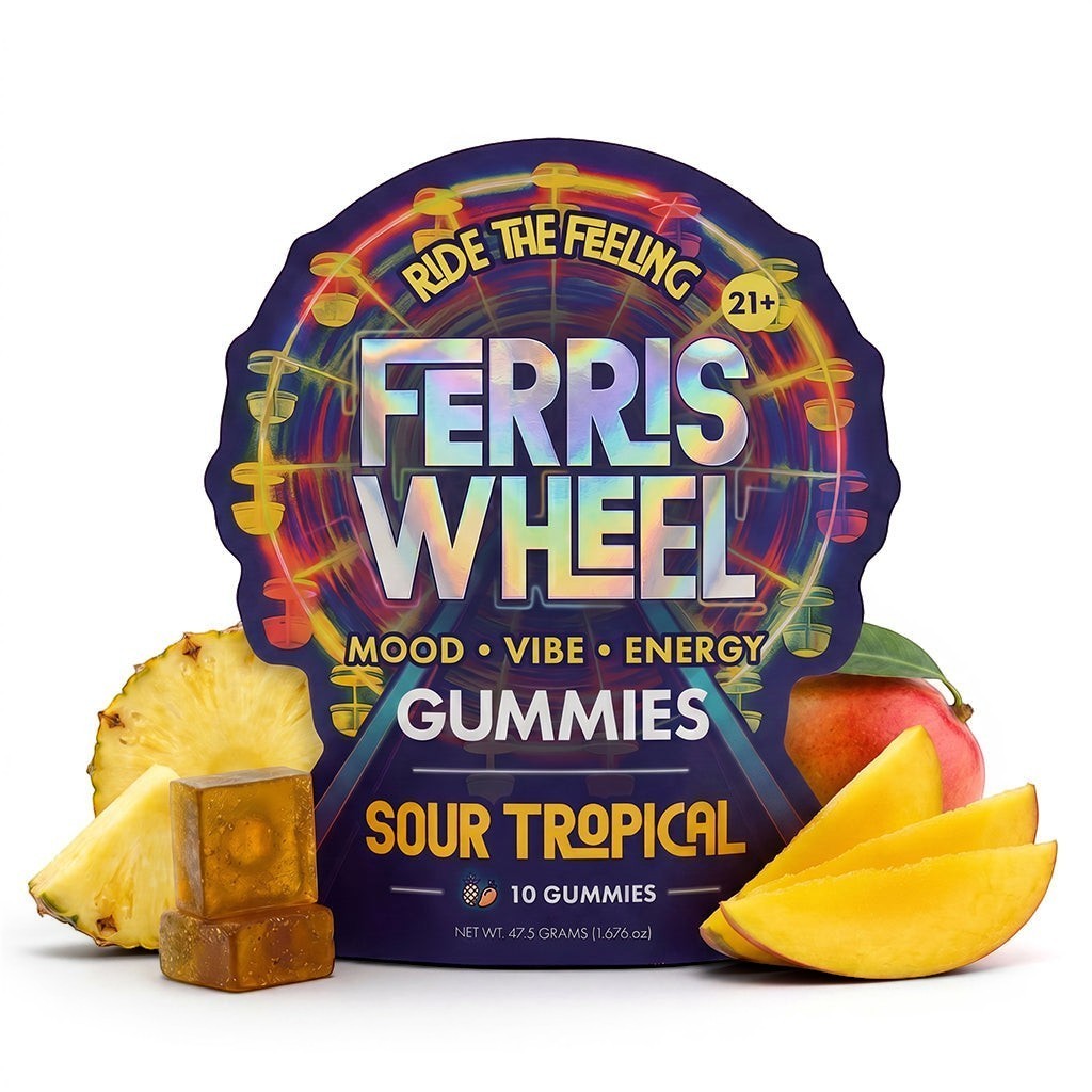 Dr. Wonderstone Ferris Wheel sour tropical mood gummies with pineapple and mango slices on a white background.