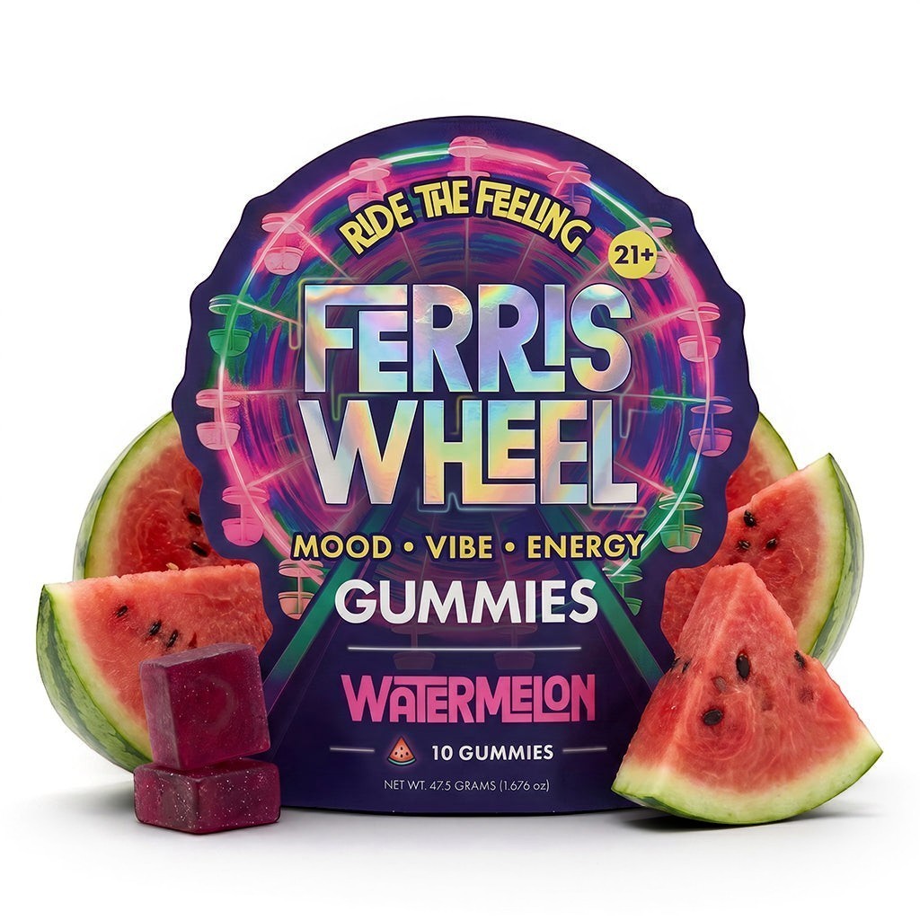 Dr. Wonderstone Ferris Wheel watermelon mood gummies with kanna extract and fresh watermelon slices