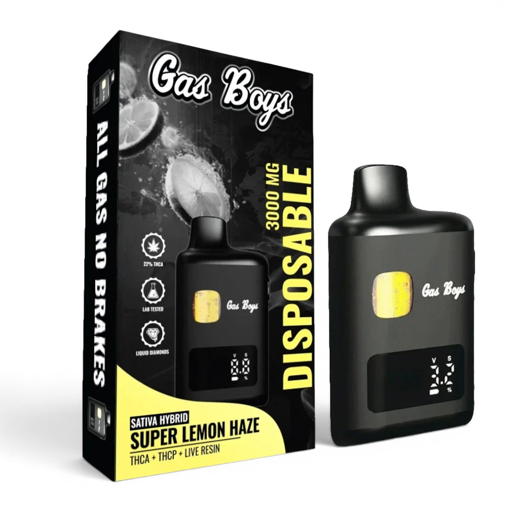Dr. Wonderstone Gas Boys 3000mg Super Lemon Haze disposable vape with digital display and live resin oil window.