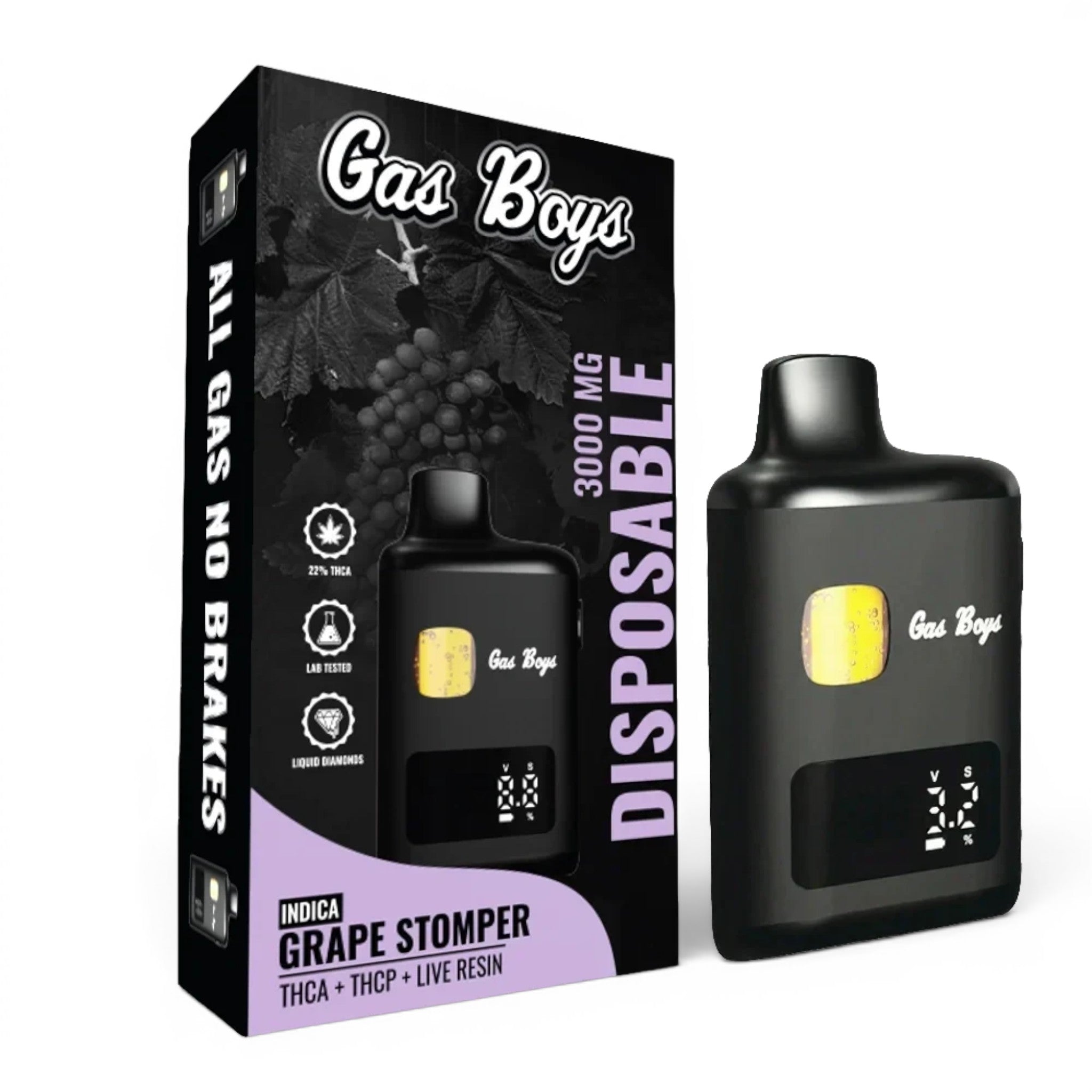 Dr. Wonderstone Gas Boys 3000mg Grape Stomper disposable vape with digital display and live resin blend