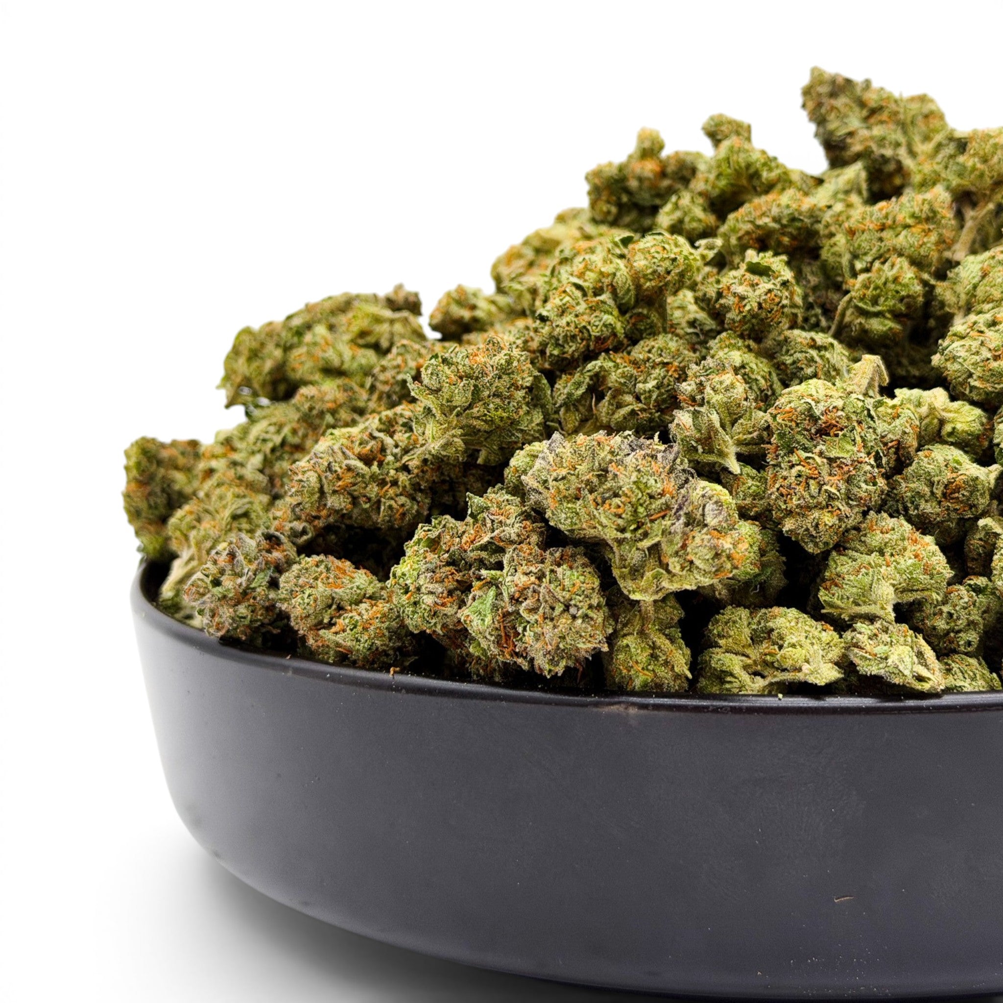 Dr. Wonderstone Gelato Fuel premium THCa flower buds in a black bowl against a white background. Buy Cheap THCa Flower Online