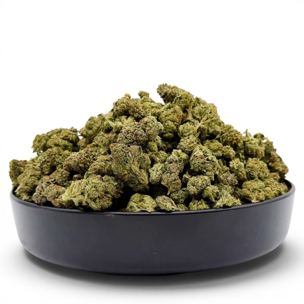Dr. Wonderstone Gelato Fuel premium THCa flower buds piled in a small black bowl against a white background. Buy Cheap THCa Flower Online