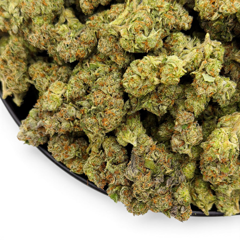 Dr. Wonderstone Gelato Fuel premium THCa flower buds with vibrant green leaves and orange pistils in a black bowl