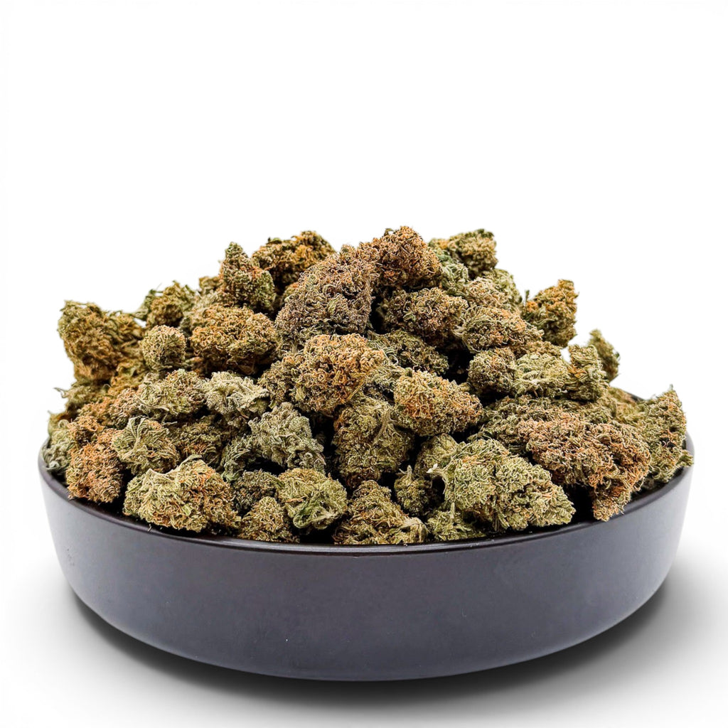 Dr. Wonderstone Goat Gas premium THCa flower buds in a black bowl, featuring dense green and orange trichome texture.