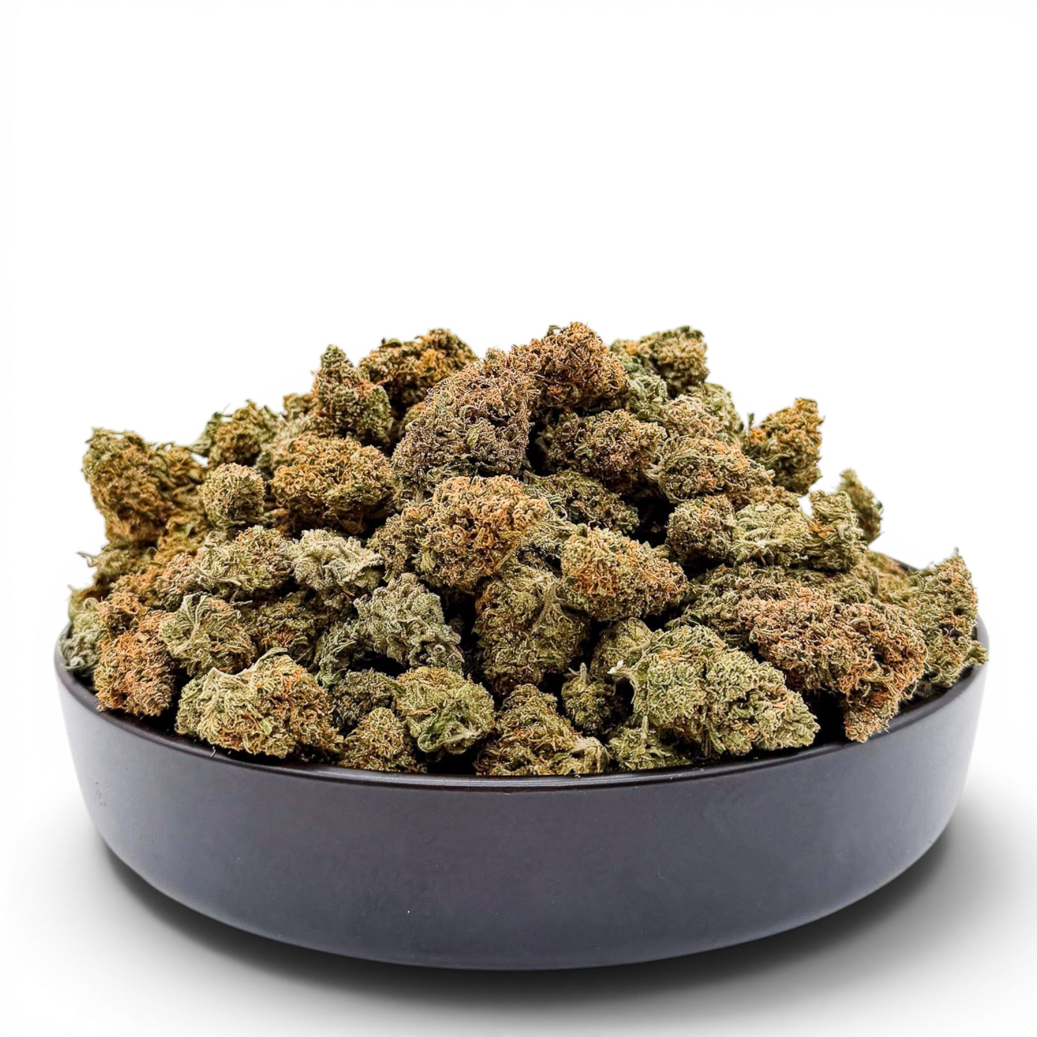 Dr. Wonderstone Goat Gas premium THCa flower buds in a black bowl, featuring dense green and orange trichome texture.