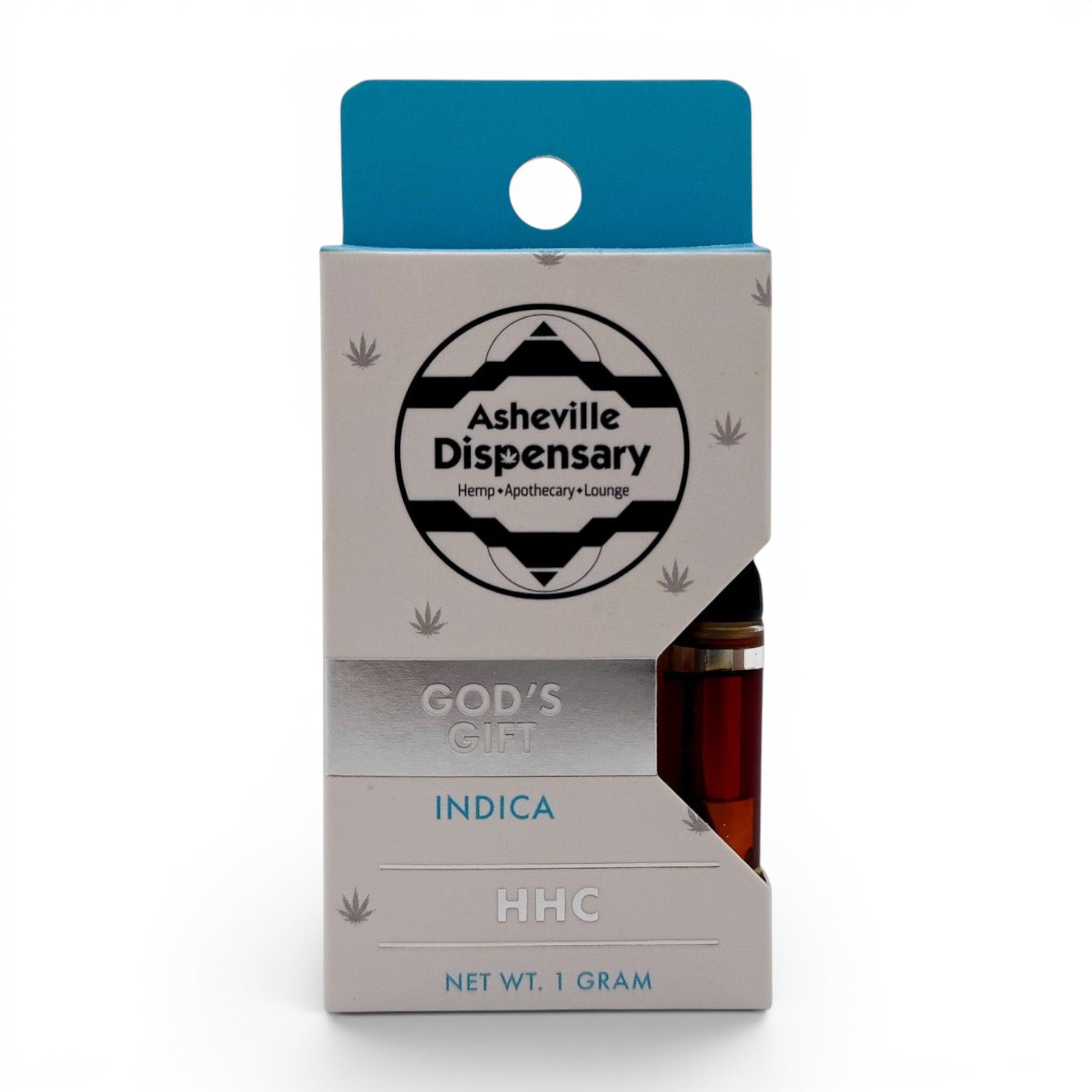 Dr. Wonderstone God's Gift Indica HHC 1-gram vape cartridge in white and blue packaging with cannabis leaf accents.