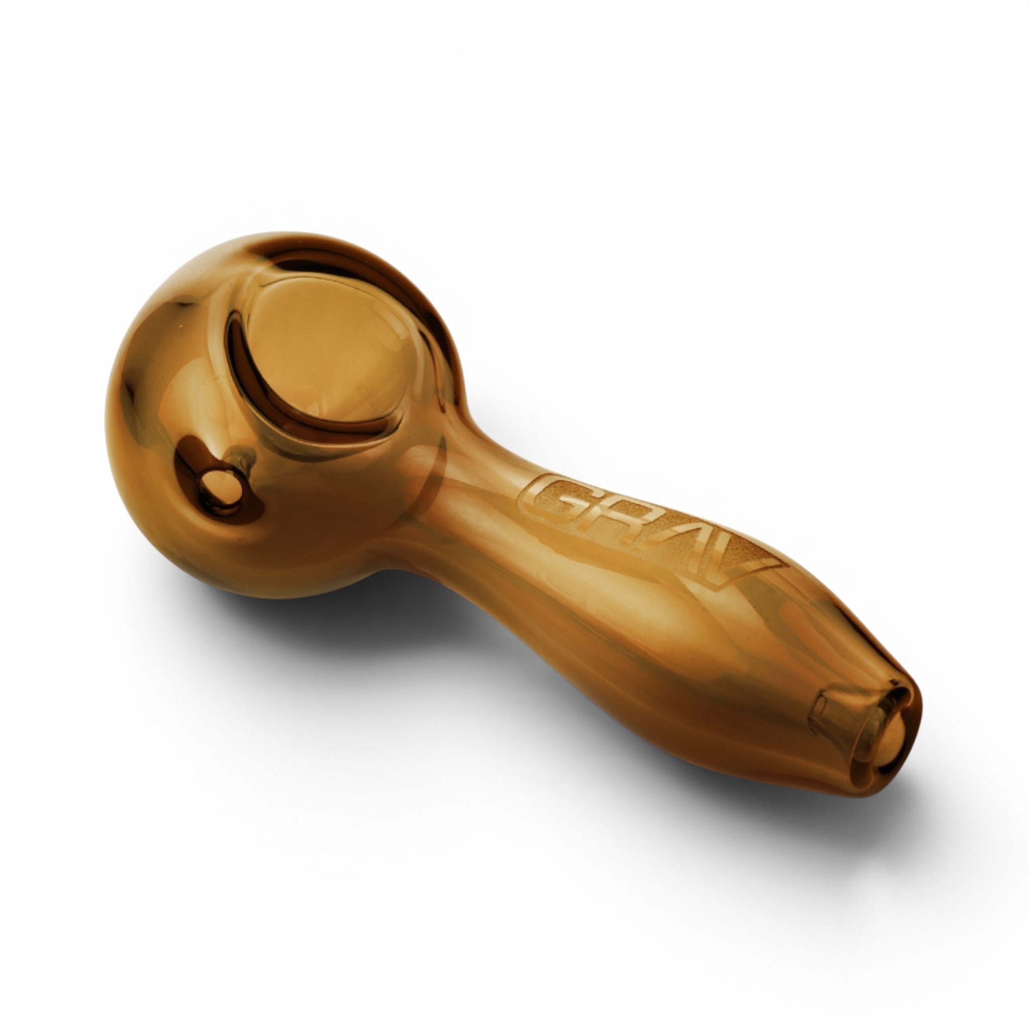 Dr. Wonderstone GRAV Classic Spoon hand pipe in amber glass with a side carb and embossed logo