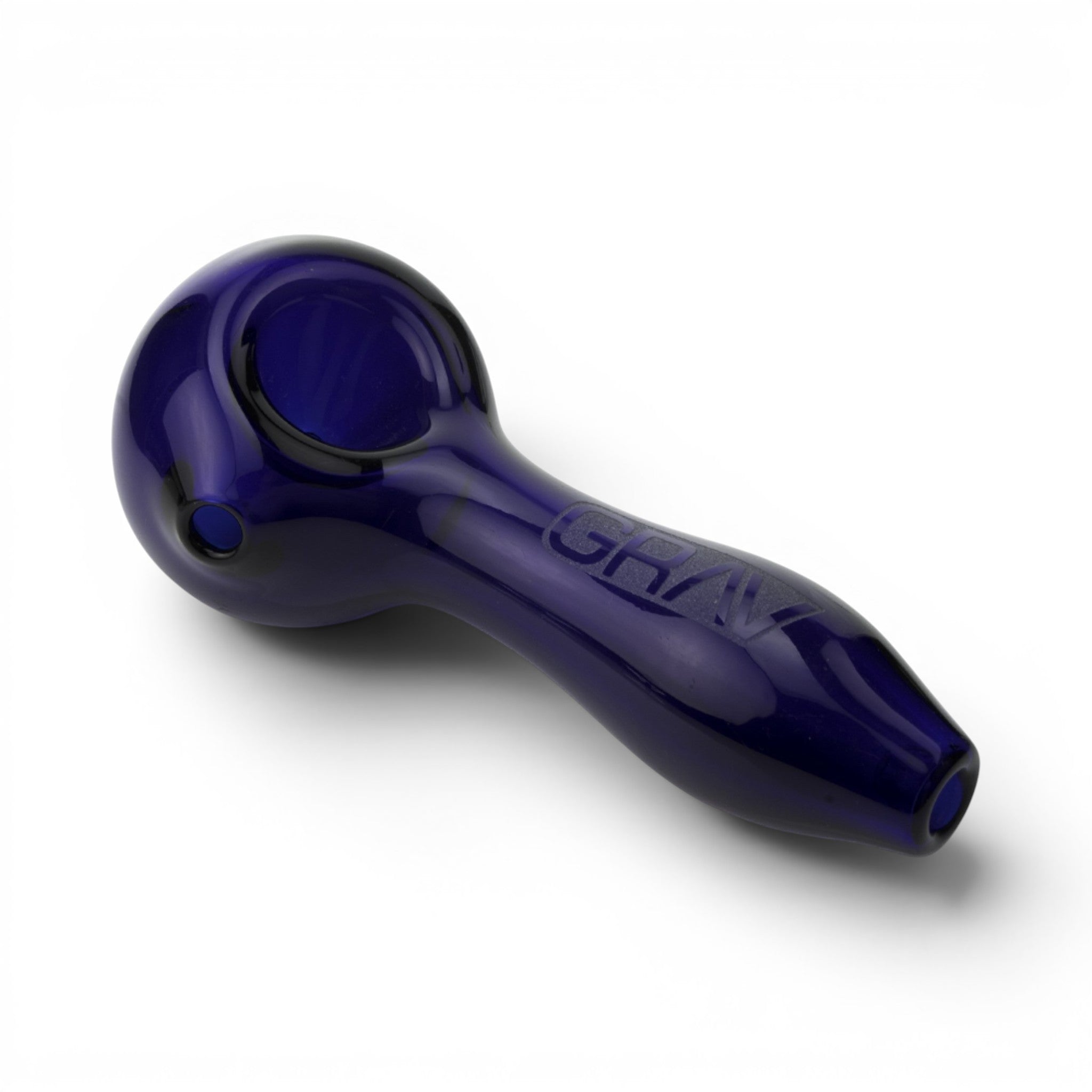 Dr. Wonderstone 4-inch blue glass spoon hand pipe by GRAV with an ash-catching mouthpiece and left-side carb.