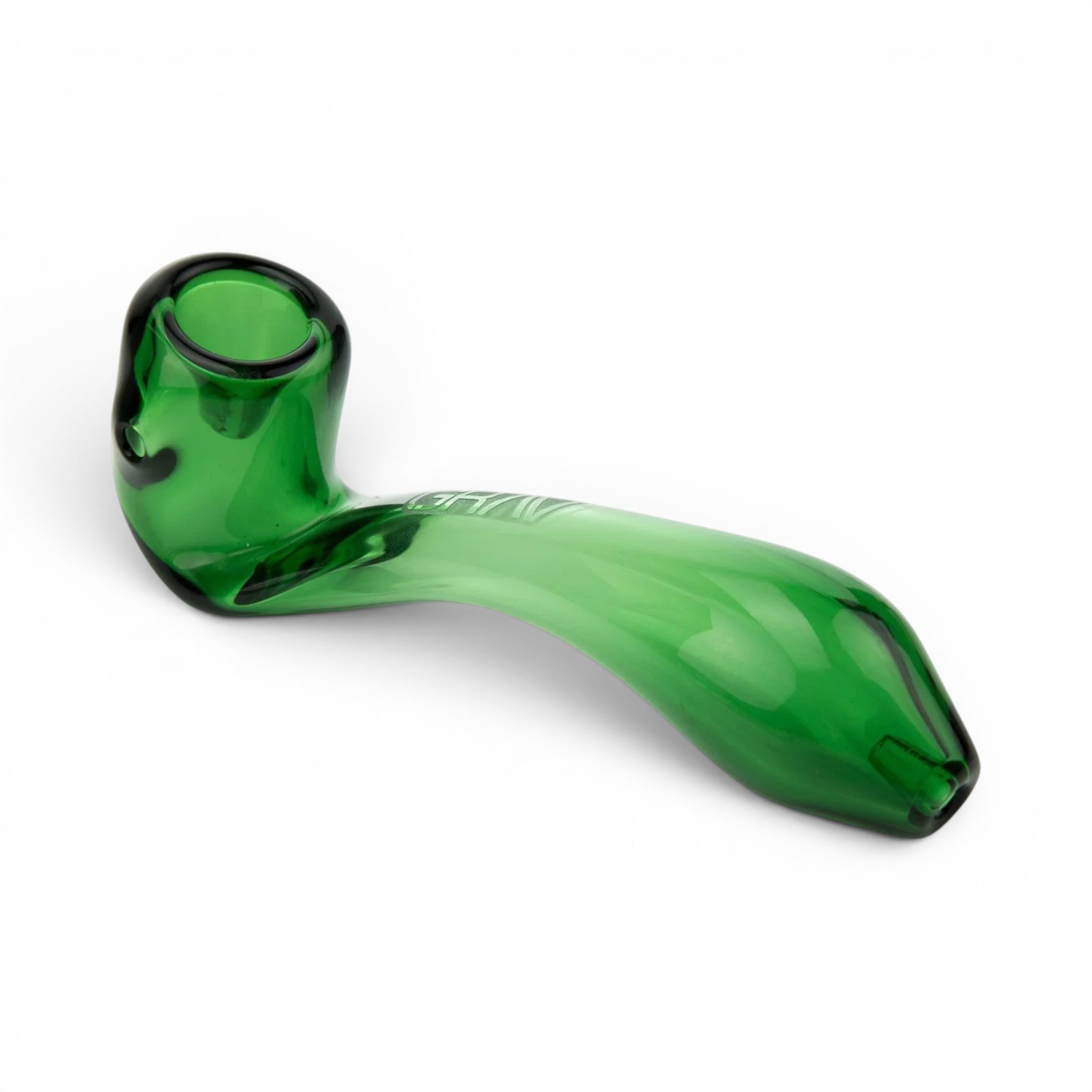 Dr. Wonderstone GRAV Classic Sherlock 6-inch green glass hand pipe with a curved stem and ash-catching mouthpiece.