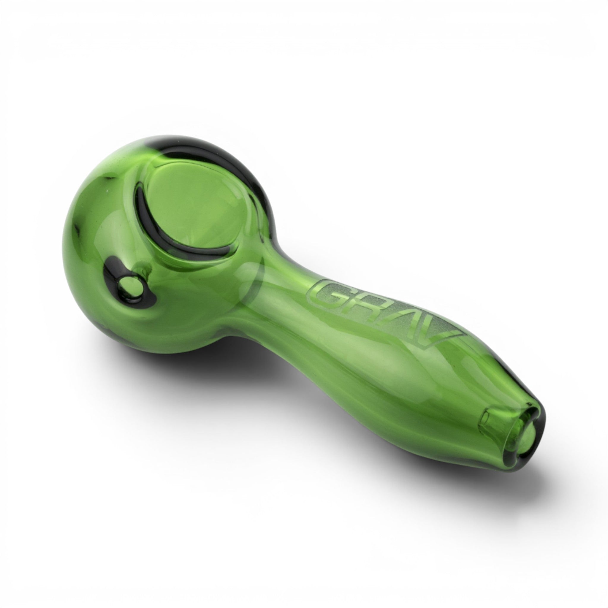 Dr. Wonderstone green GRAV Classic Spoon glass hand pipe with an ash-catching mouthpiece and side carb