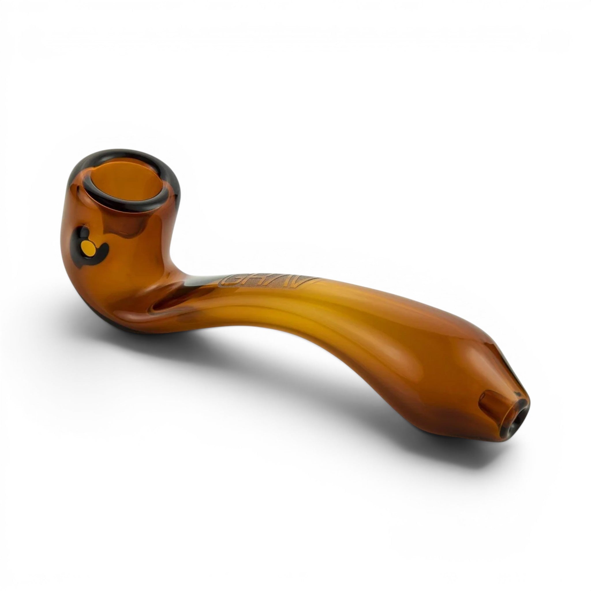 Dr. Wonderstone Grav Glass Classic Sherlock hand pipe in amber glass with a curved stem and side carb