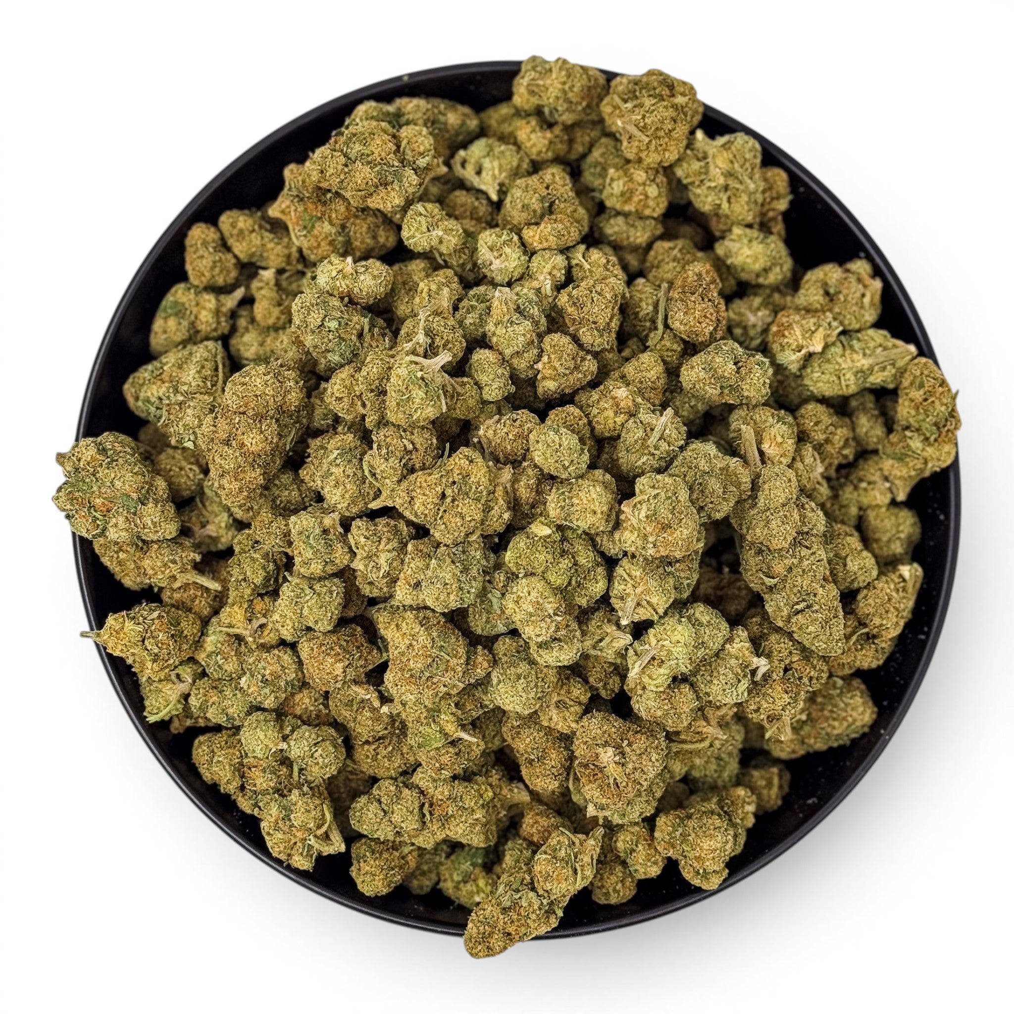 Dr. Wonderstone Green Crack THCa flower buds in a black bowl, featuring dense, light green sativa nugs.