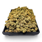 Dr. Wonderstone Green Crack THCa flower buds piled on a black rectangular tray against a white background.