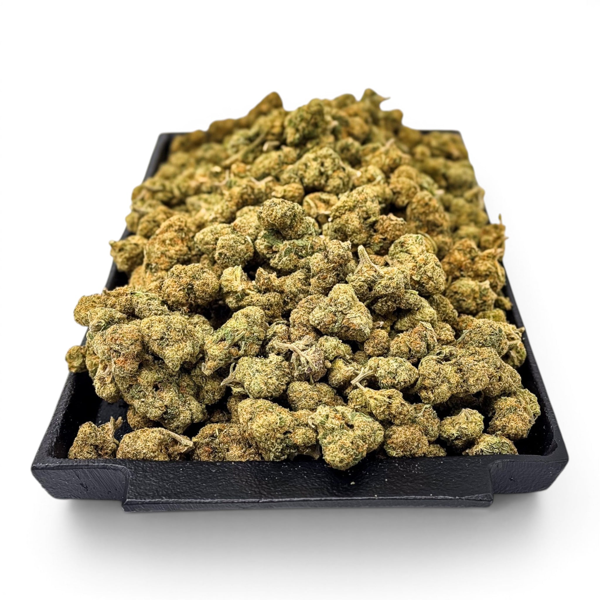 Dr. Wonderstone Green Crack THCa flower buds piled on a black rectangular tray against a white background.