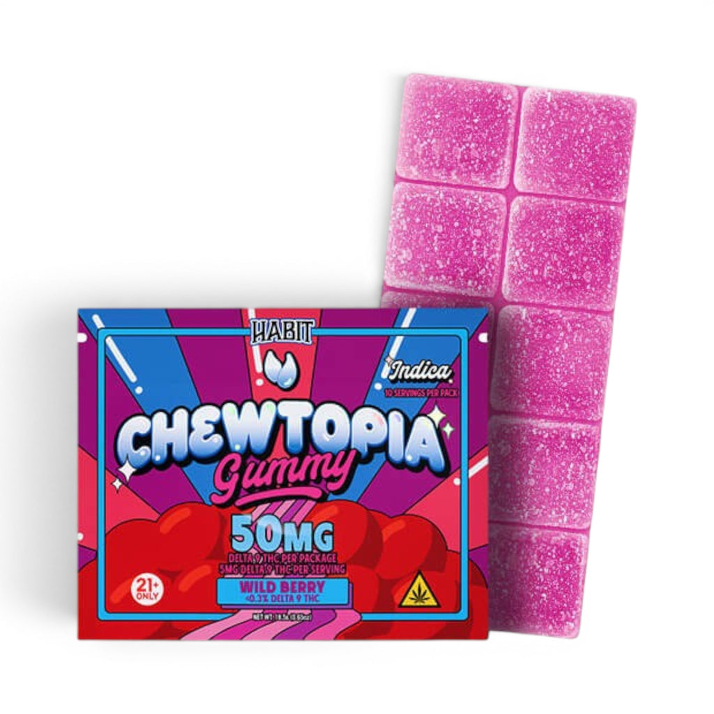 Dr. Wonderstone Habit D9 Chewtopia wild berry gummies with 50mg Delta-9 THC in a colorful box with a sugar-coated bar.