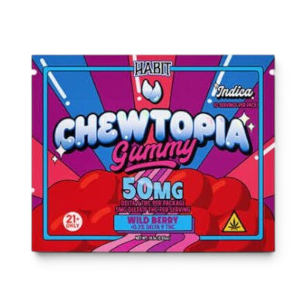 Dr. Wonderstone Habit D9 Chewtopia Wild Berry gummy package featuring 50mg Delta-9 THC in a vibrant purple box.