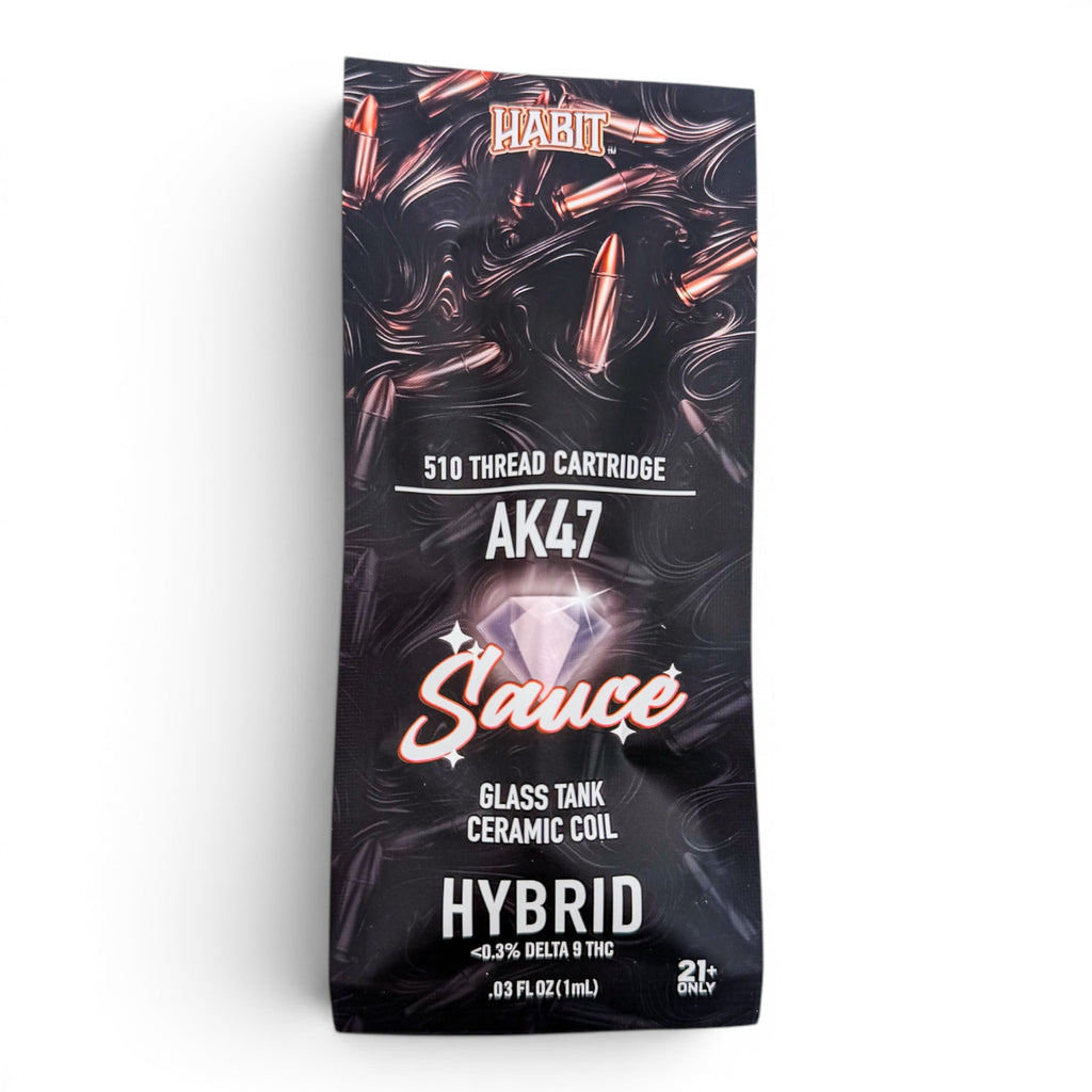 Dr. Wonderstone Habit Sauce 1g AK47 hybrid 510-thread vape cartridge in black packaging with bullet graphic design.