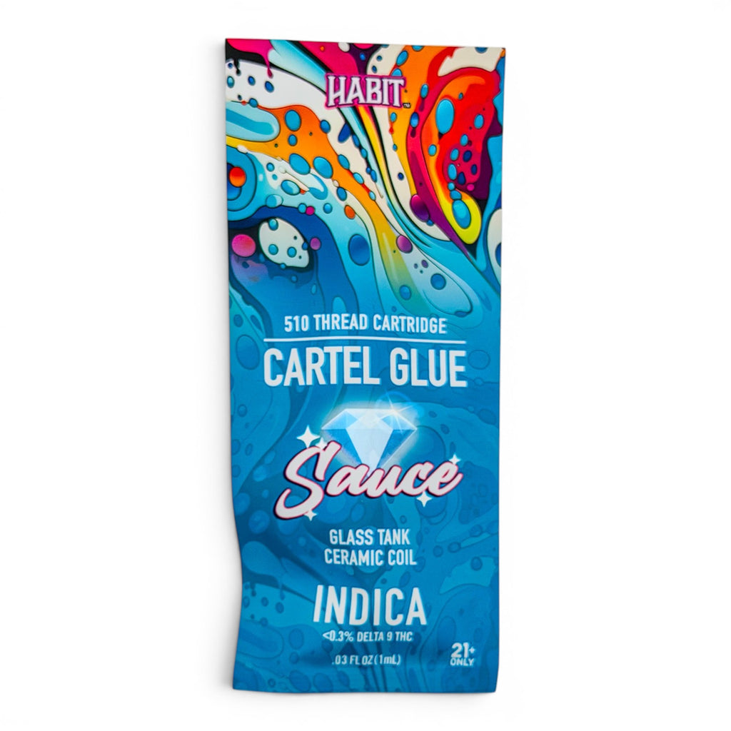 Dr. Wonderstone Habit Sauce 1g Cartel Glue indica 510-thread vape cartridge with colorful abstract packaging.