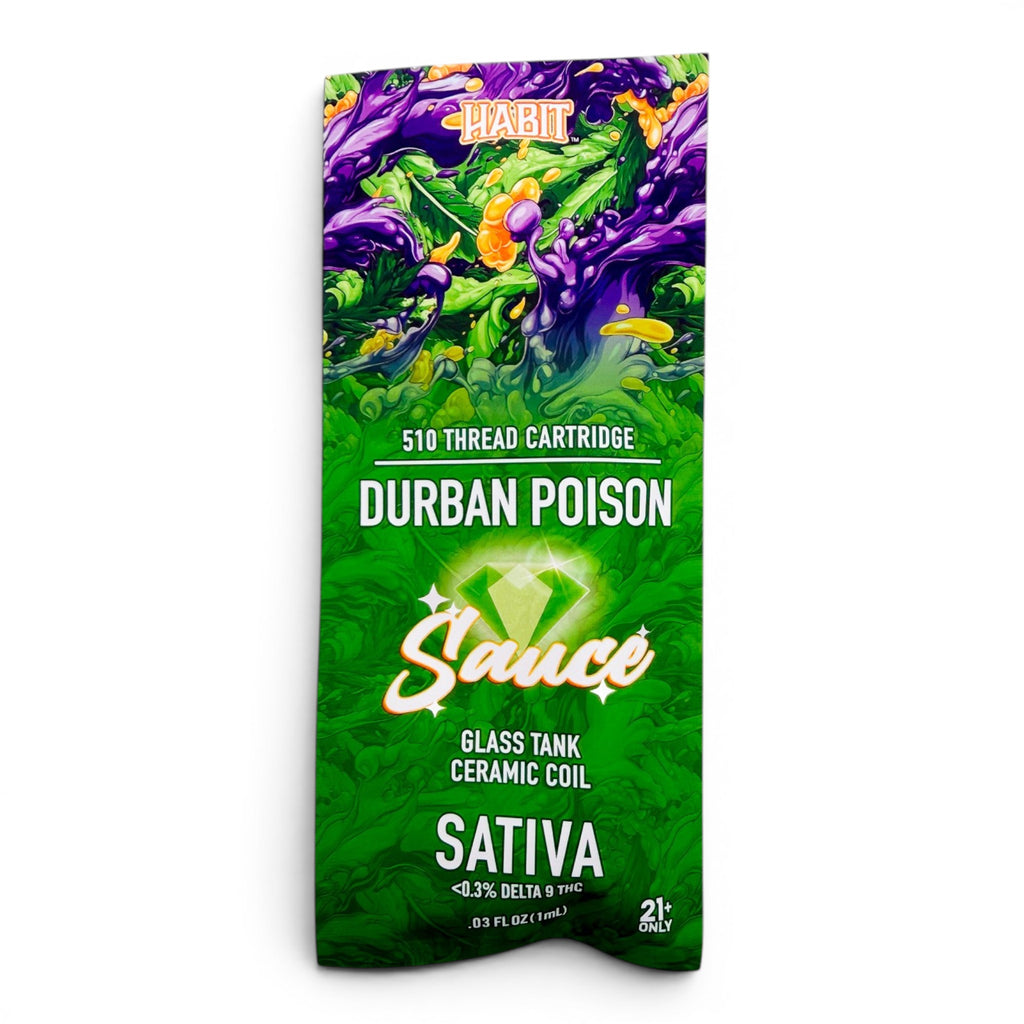 Dr. Wonderstone Habit Sauce 1g Durban Poison sativa 510-thread vape cartridge packaging with green and purple graphics.