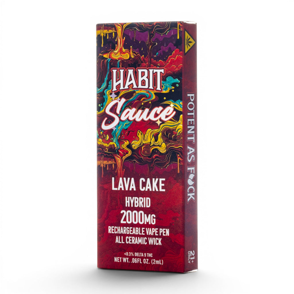 Dr. Wonderstone Habit Sauce Lava Cake 2g THCA rechargeable vape pen packaging with vibrant abstract lava art.