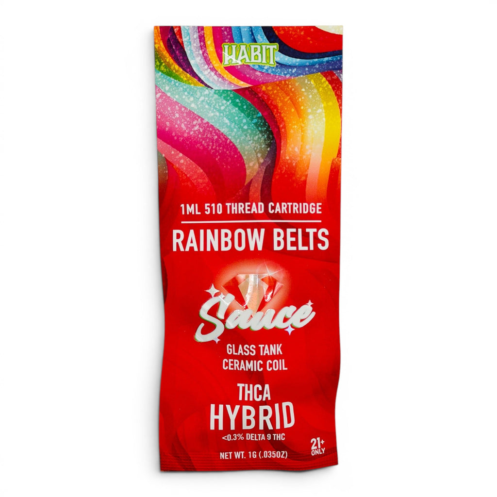 Dr. Wonderstone Habit Sauce 1g Rainbow Belts hybrid THCA vape cartridge in red packaging with colorful graphic design.