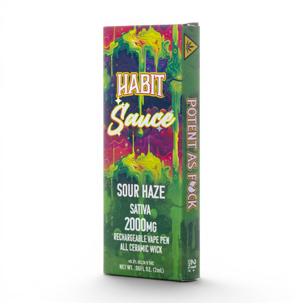 Dr. Wonderstone Habit Sauce Sour Haze 2g THCA disposable vape pen box with vibrant green and psychedelic art.