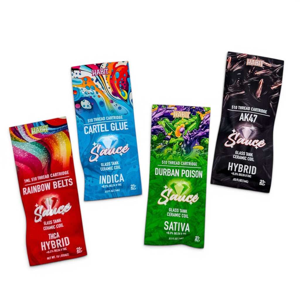Dr. Wonderstone Habit Sauce 1g 510-thread vape cartridges in Rainbow Belts, Cartel Glue, Durban Poison, and AK47 strains.