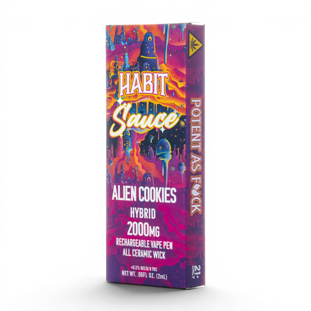 Dr. Wonderstone Habit Sauce Alien Cookies 2g rechargeable THCA disposable vape pen with vibrant psychedelic packaging.