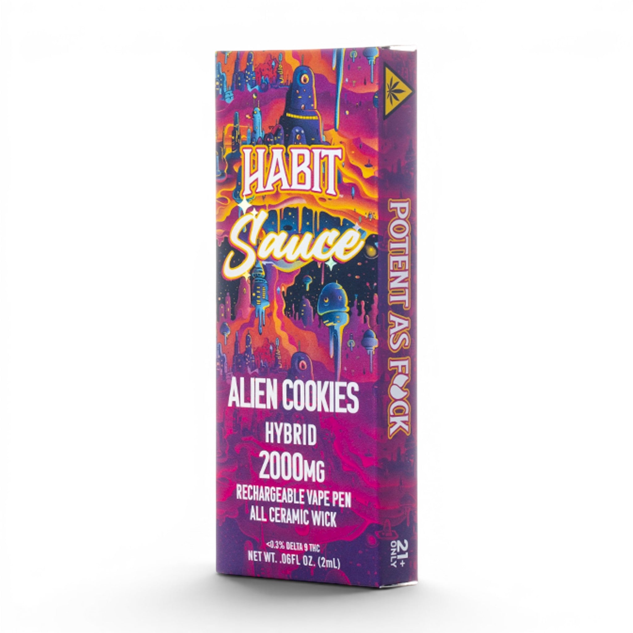 Dr. Wonderstone Habit Sauce Alien Cookies 2g rechargeable THCA disposable vape pen with vibrant psychedelic packaging.