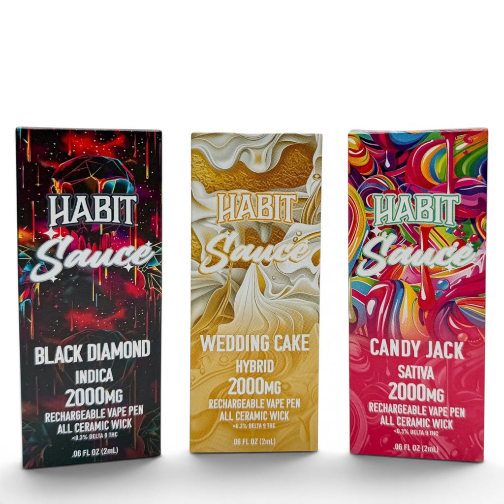 Dr. Wonderstone Habit Sauce 2g THCA disposable vape pens in Black Diamond, Wedding Cake, and Candy Jack flavors.