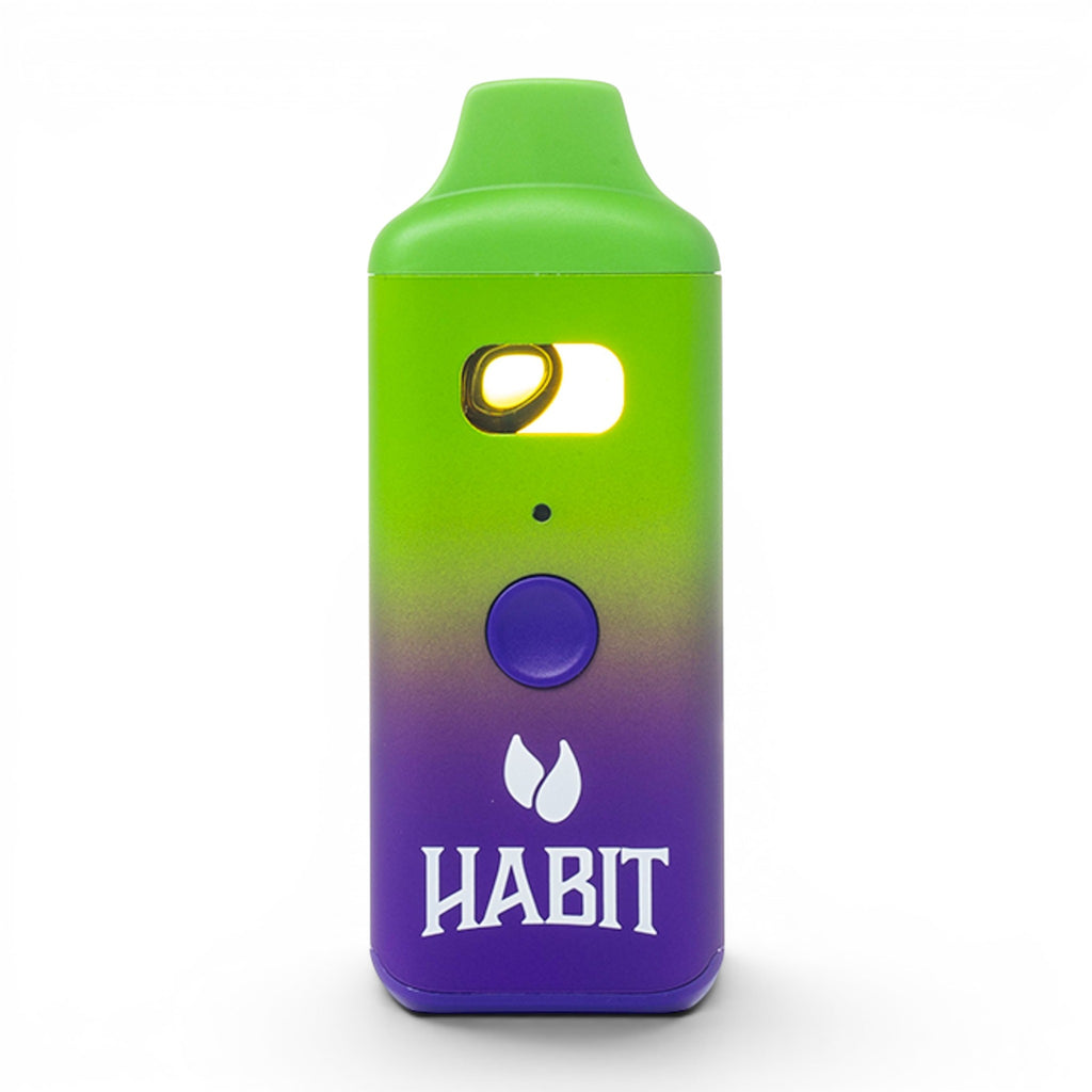 Dr. Wonderstone Habit 2g THCA disposable vape pen in a green and purple gradient finish with a central activation button.
