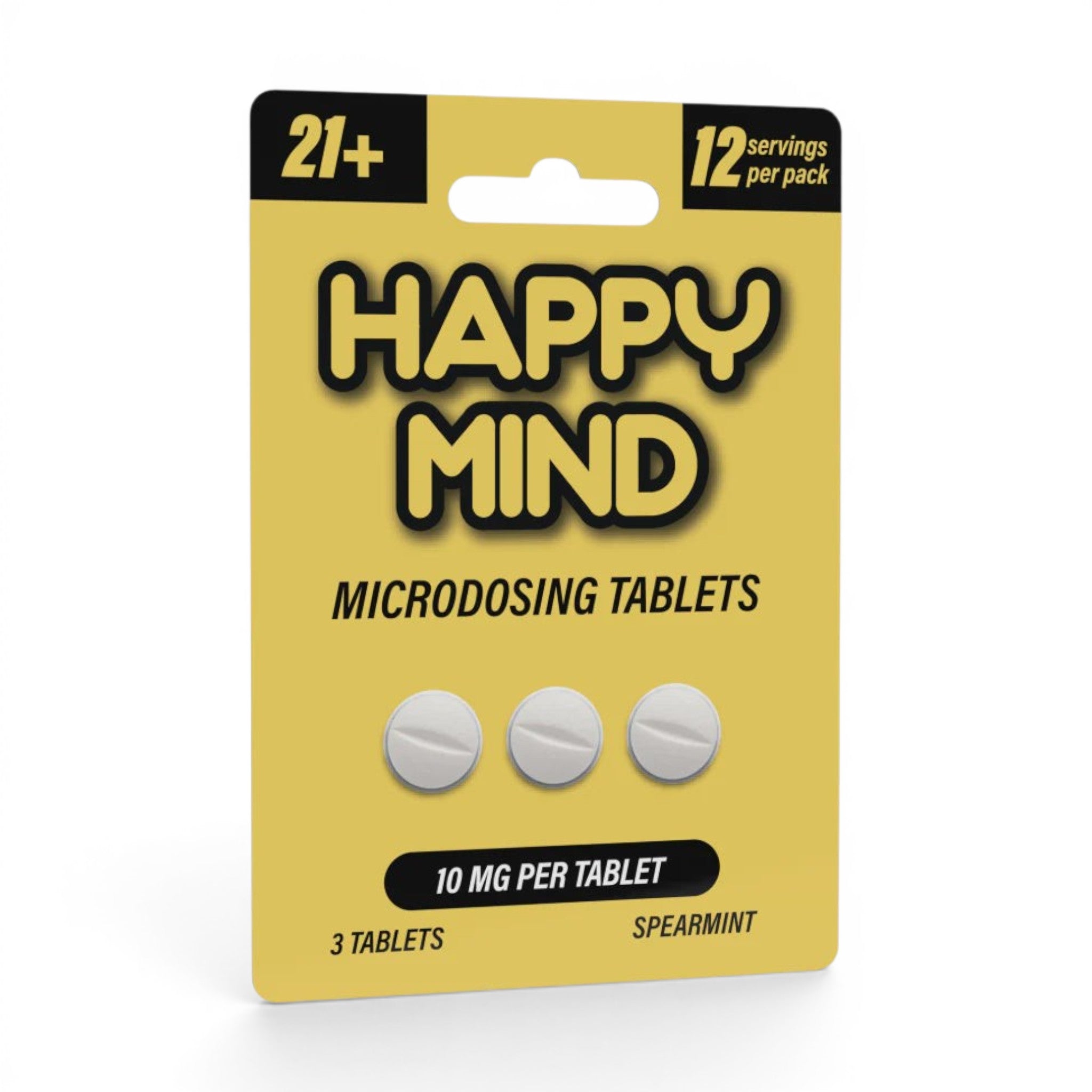 Dr. Wonderstone Happy Mind 10mg spearmint microdosing tablets in yellow blister pack for cognitive elevation.
