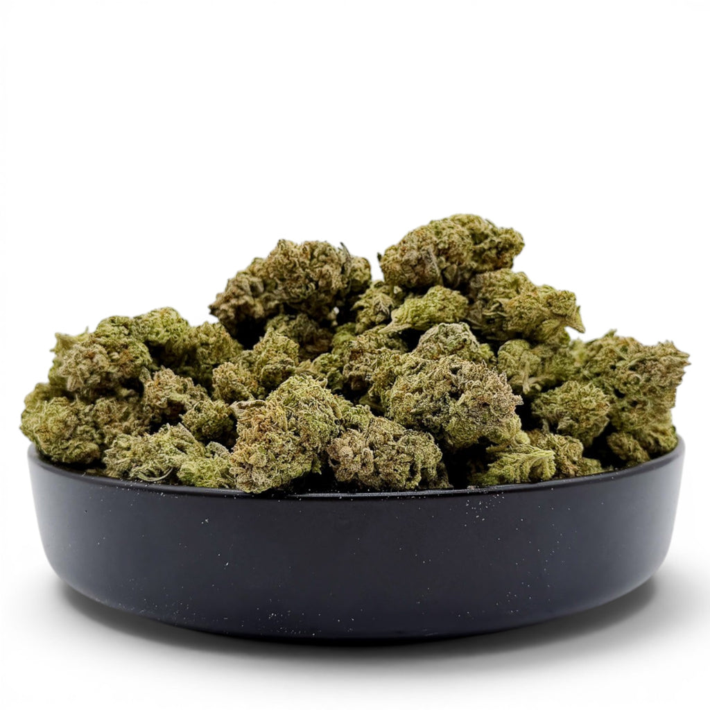Dr. Wonderstone Hash Burger premium indoor THCa flower buds piled in a black bowl, showing dense green resinous texture.  Buy THCa flower online