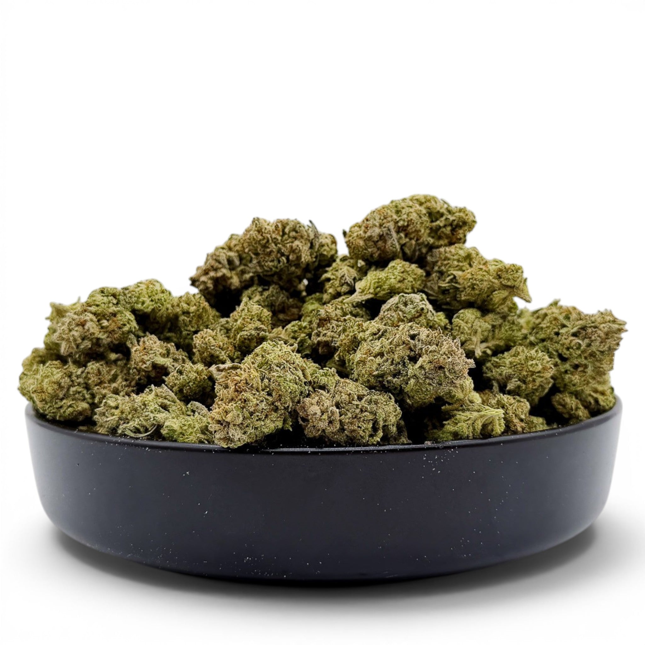 Dr. Wonderstone Hash Burger premium indoor THCa flower buds piled in a black bowl, showing dense green resinous texture.  Buy THCa flower online