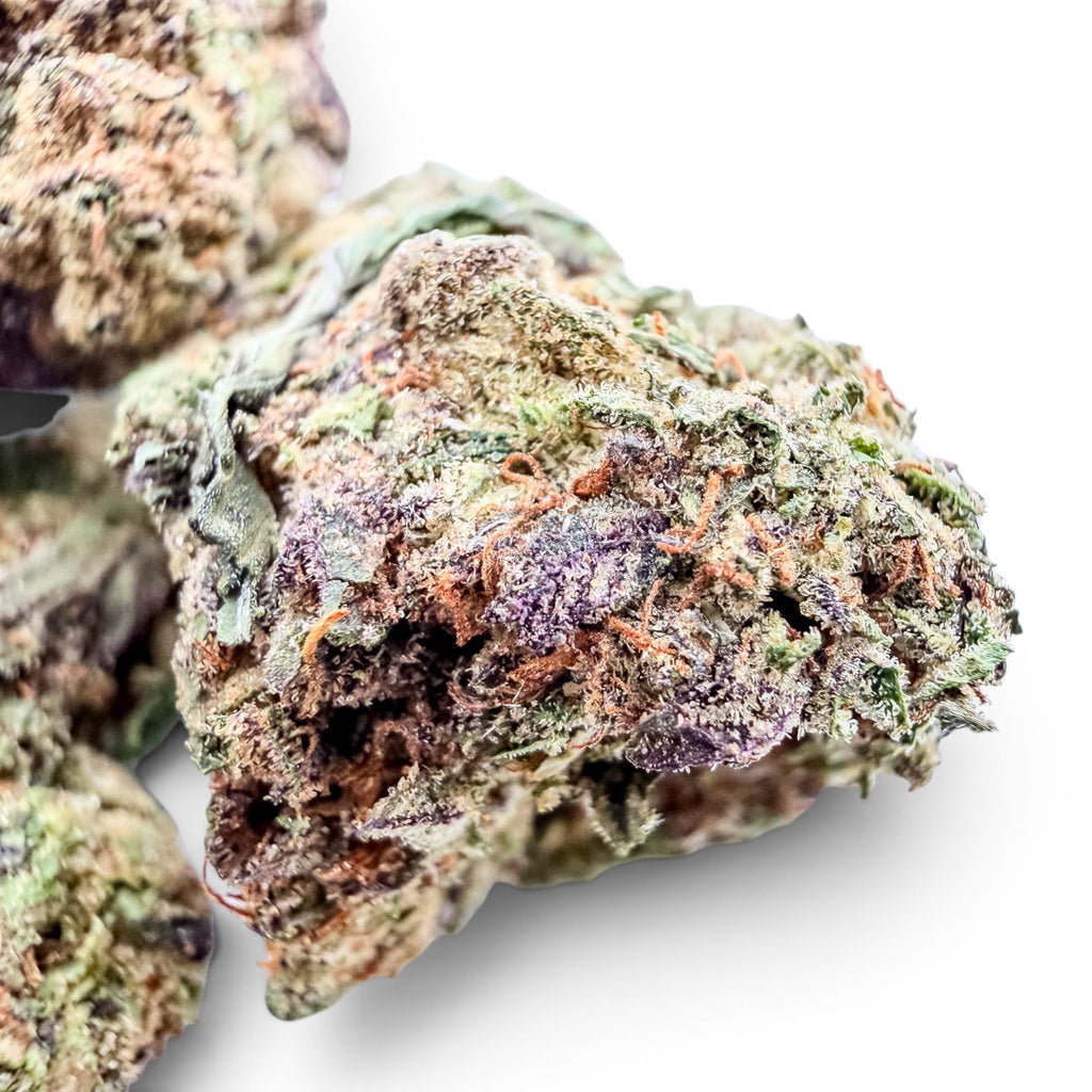 Dr. Wonderstone Ice Cream Cake THCa flower buds featuring dense green and purple foliage with orange pistils.