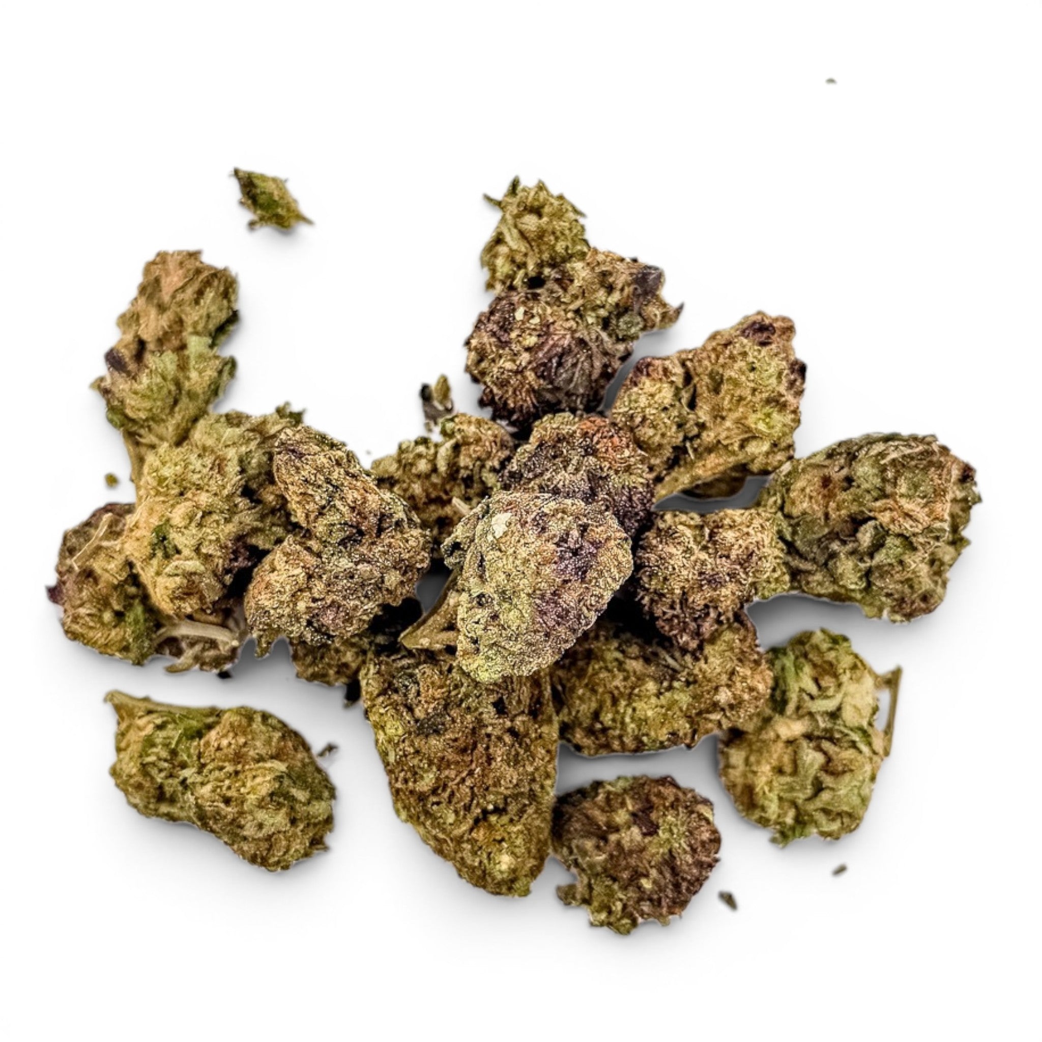 Dr. Wonderstone Ice Cream Cake THCa flower buds featuring dense green and purple foliage on a white background.