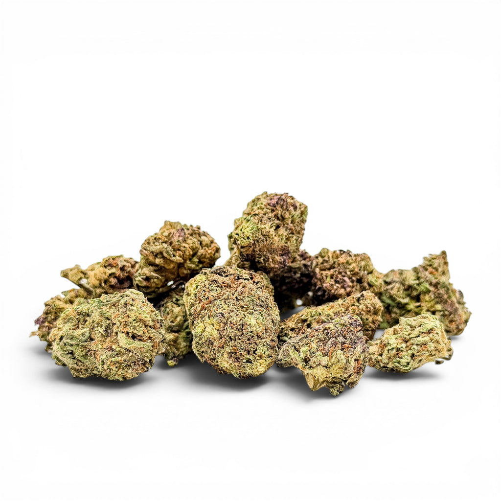Dr. Wonderstone Ice Cream Cake THCa flower buds with dense green and purple trichome-covered texture.